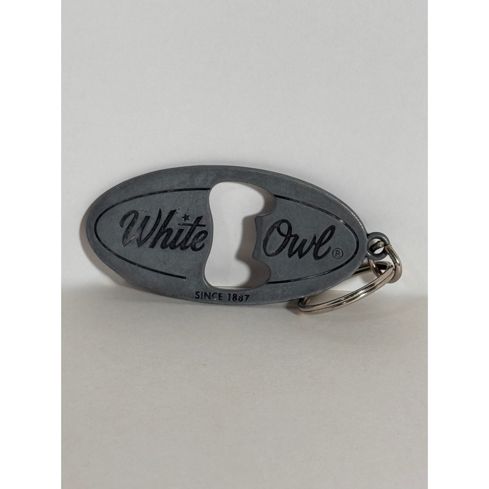 White Owl Cigar Advertising Keychain Bottle Opener Grey Metal Vintage Style